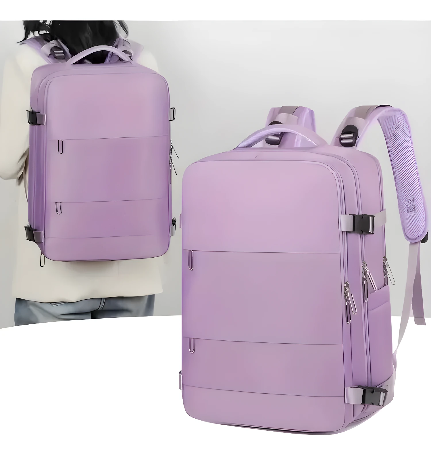 Bolso viajero Amazon morado tipo maleta, funcional y moderno para tus aventuras.