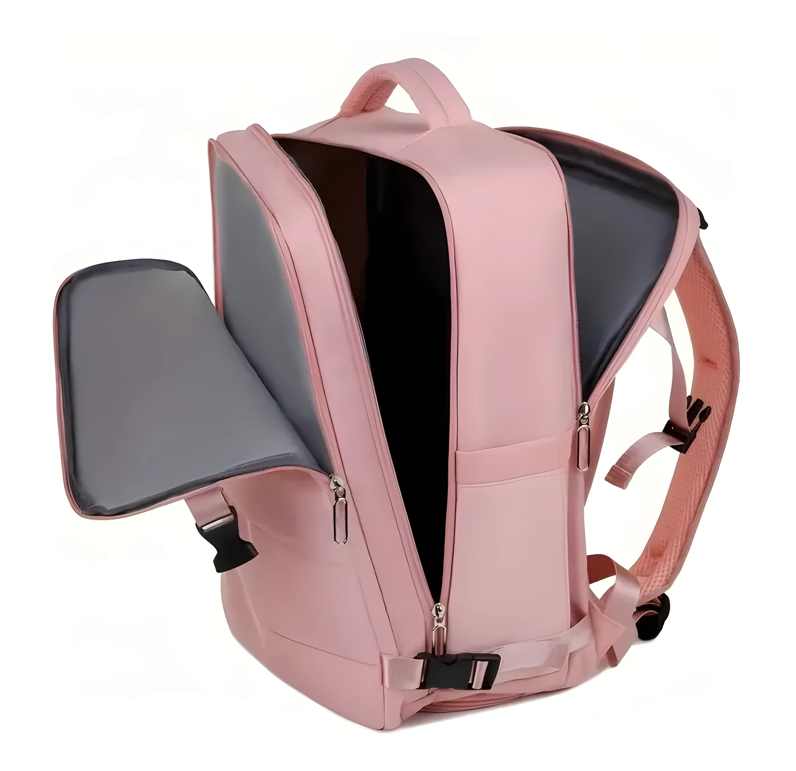 Bolso viajero Amazon rosa con compartimentos abiertos y correas ajustables.