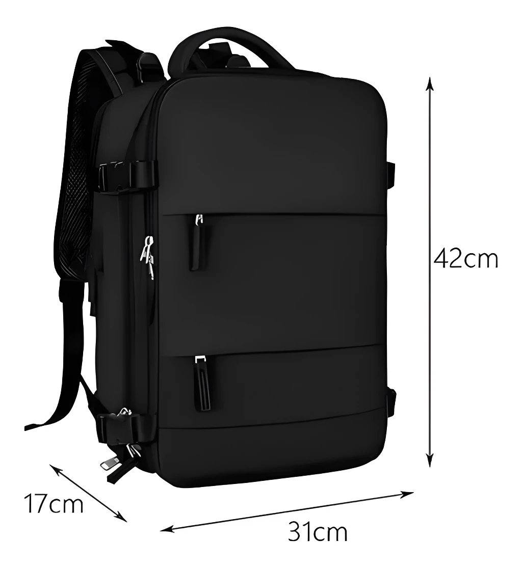 Morral viajero negro, 42x31x17cm, compartimentos frontales y laterales, ideal para Amazon.