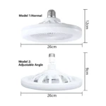 Bombillo con ventilador Modelo 1: normal 26cm x 12cm y Modelo 2: ajustable 26cm x 9cm.