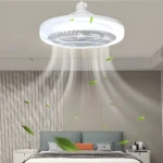 Bombillo con ventilador moderno en techo de habitación, con luz y hojas verdes flotando.