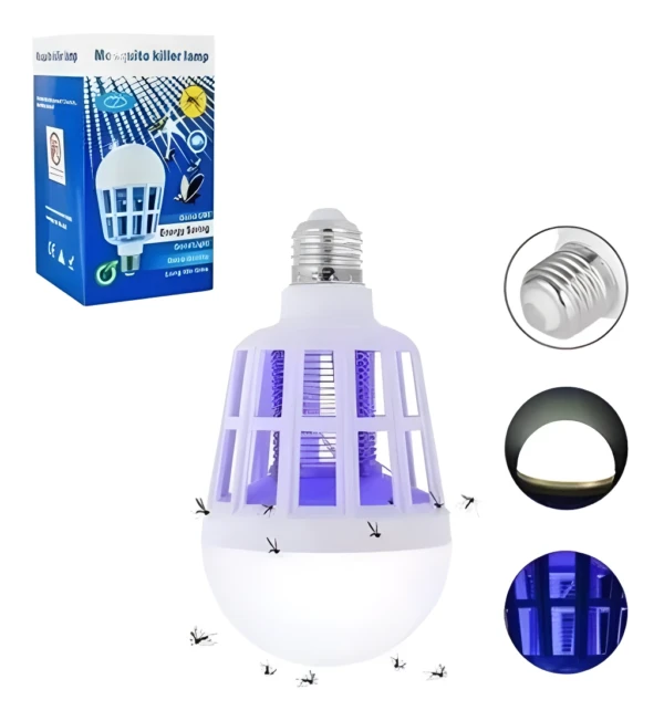 Bombillo led mata zancudos: luz UV y malla eléctrica para eliminar mosquitos.