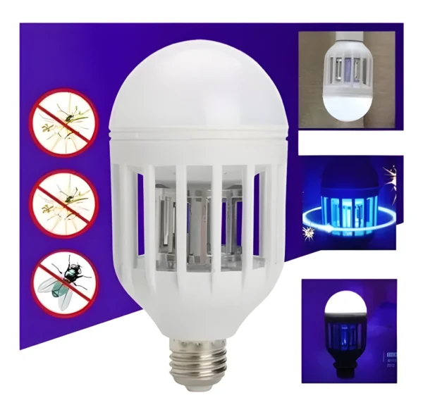 Bombillo LED mata zancudos con luz UV para eliminar insectos eficazmente.