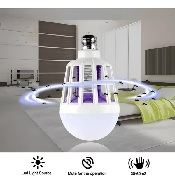 Bombillo LED mata zancudos que atrae insectos con luz UV en habitación para un ambiente libre de plagas.