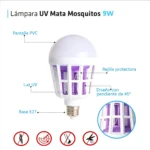 Bombillo LED mata zancudos UV 9W con rejilla protectora y pantalla PVC, diseño inclinado 45°.