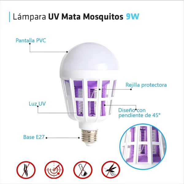 Bombillo LED mata zancudos UV 9W con rejilla protectora y pantalla PVC, diseño inclinado 45°.