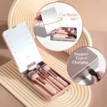Estuche de brochas de maquillaje con espejo LED giratorio 360°, carga tipo C.