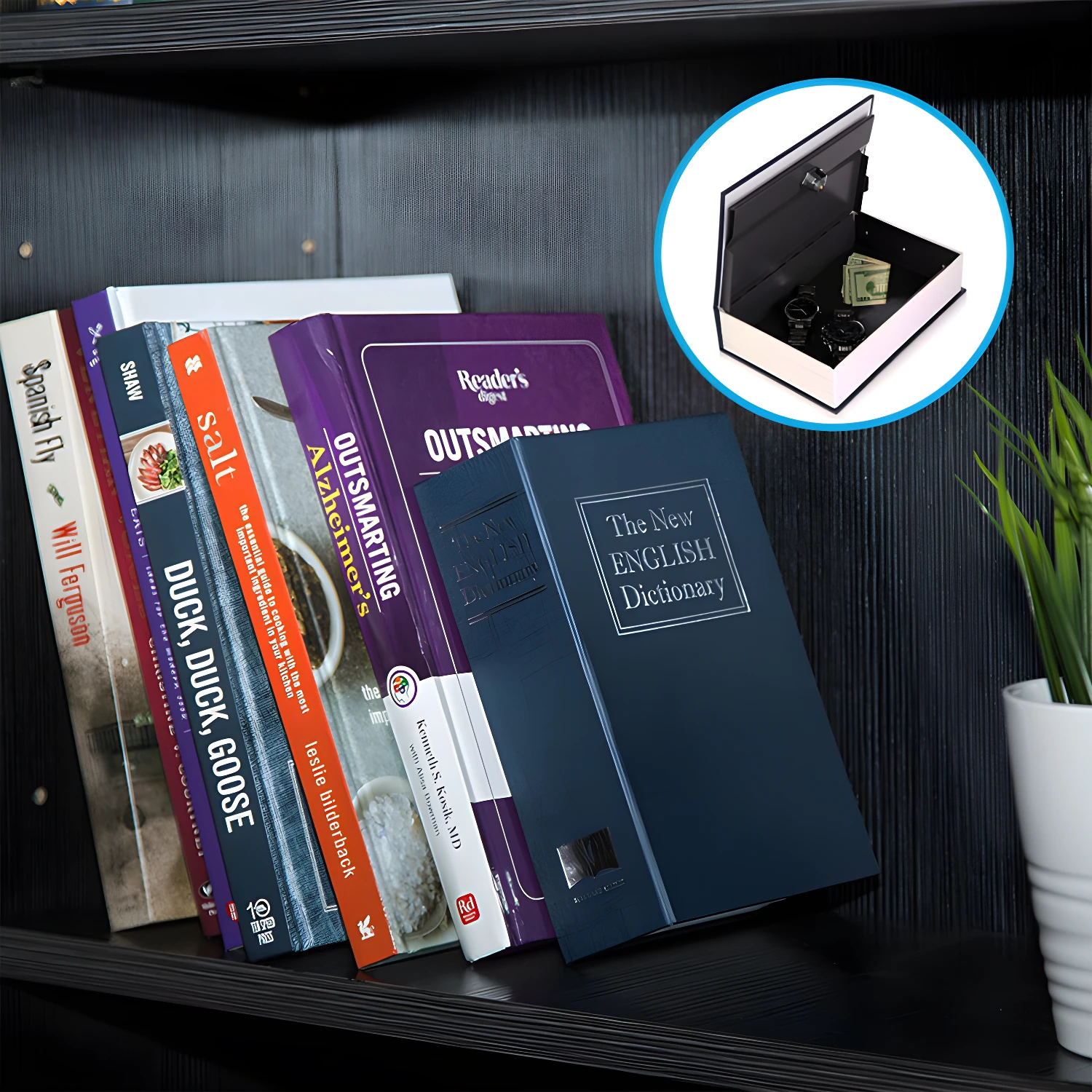 Caja fuerte de seguridad tipo libro diccionario con 2 llaves y contenido visible.