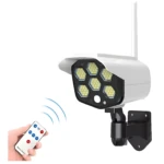Cámara falsa solar con sensor de movimiento y control remoto, ideal para seguridad.