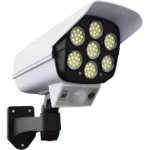 Cámara falsa solar con luces LED, sensor de movimiento y soporte de pared.