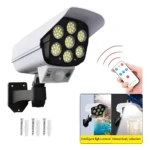 Cámara falsa solar con 6 luces LED, sensor de movimiento y control remoto.