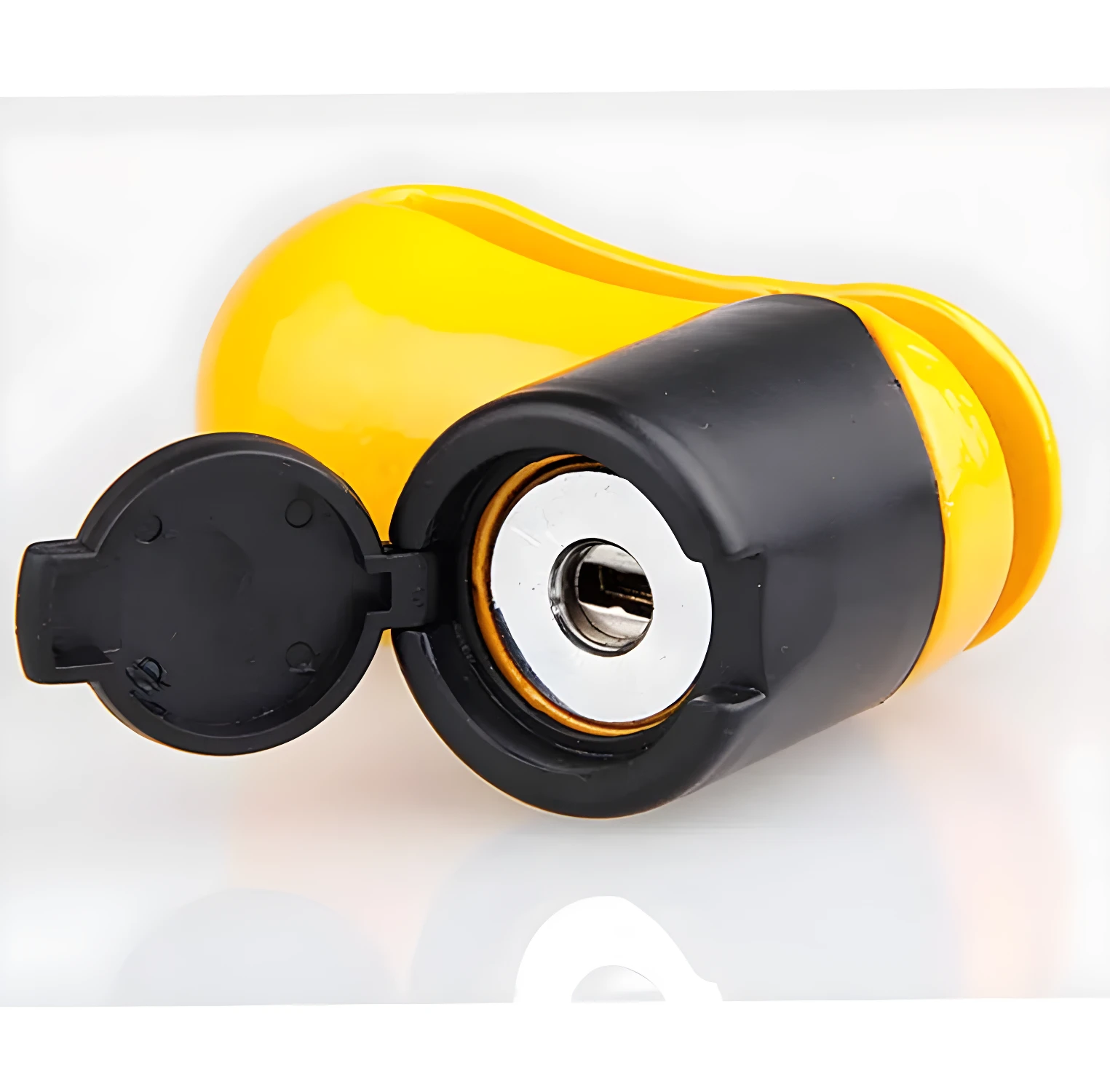 Candado de freno de disco amarillo y negro para moto, con tapa abierta mostrando el cilindro de la cerradura.
