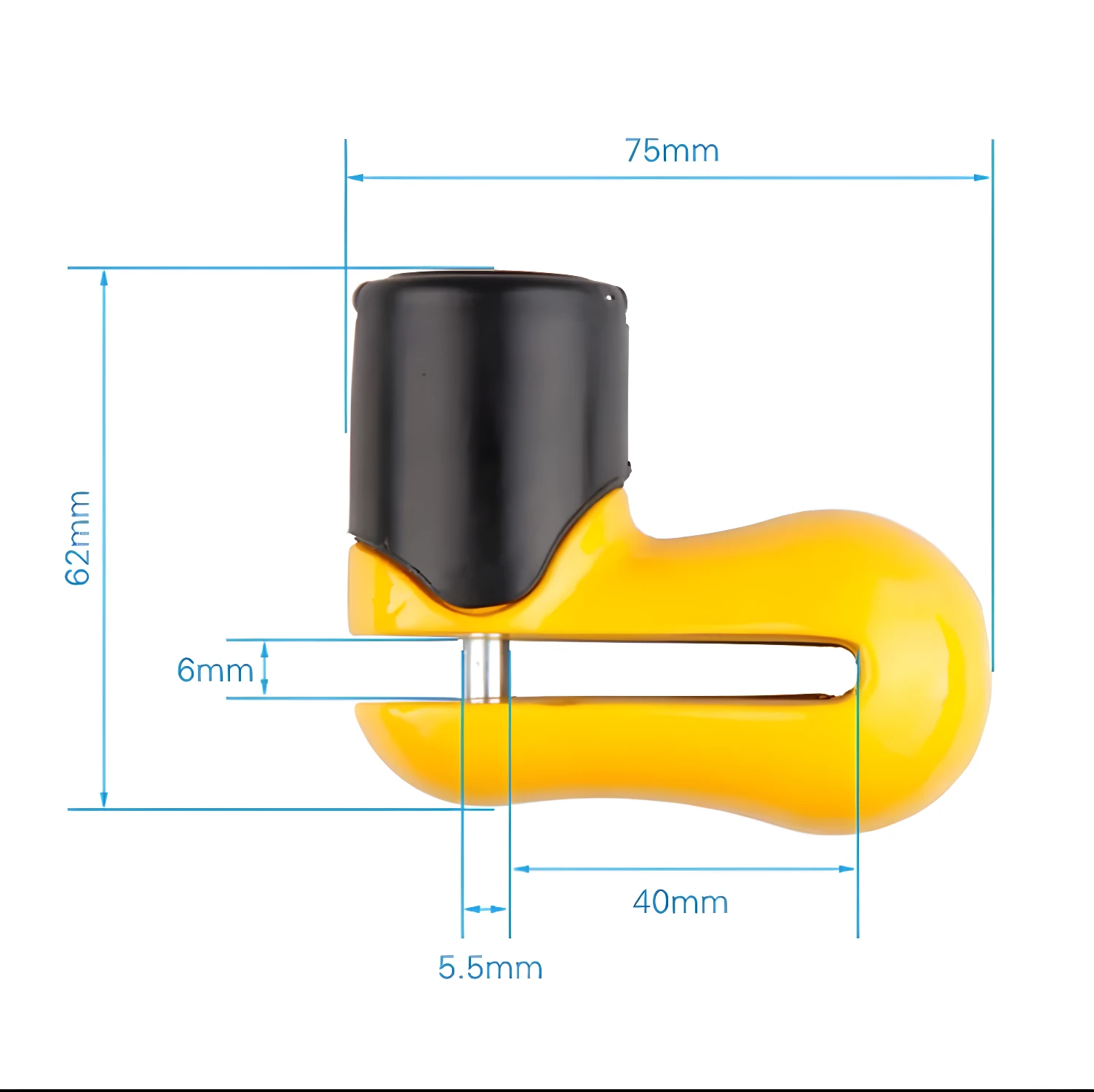Candado de freno de disco amarillo para moto, seguro antirrobo con medidas 75x62x40mm.