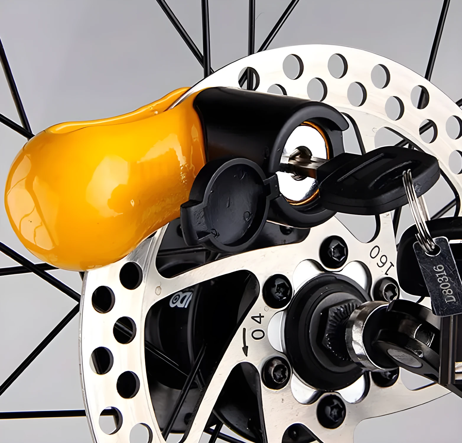 Candado de freno de disco amarillo y negro para moto, antirrobo con llave.