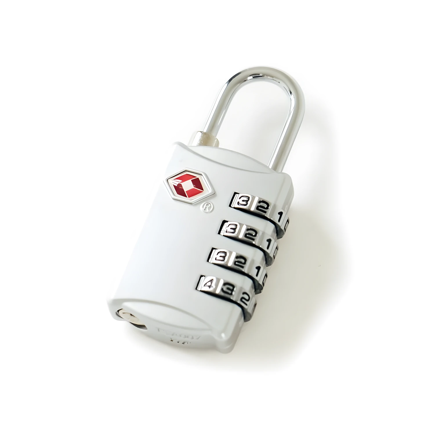 Candado Travel Sentry gris para maleta, con combinación de 4 diales y logo rojo.