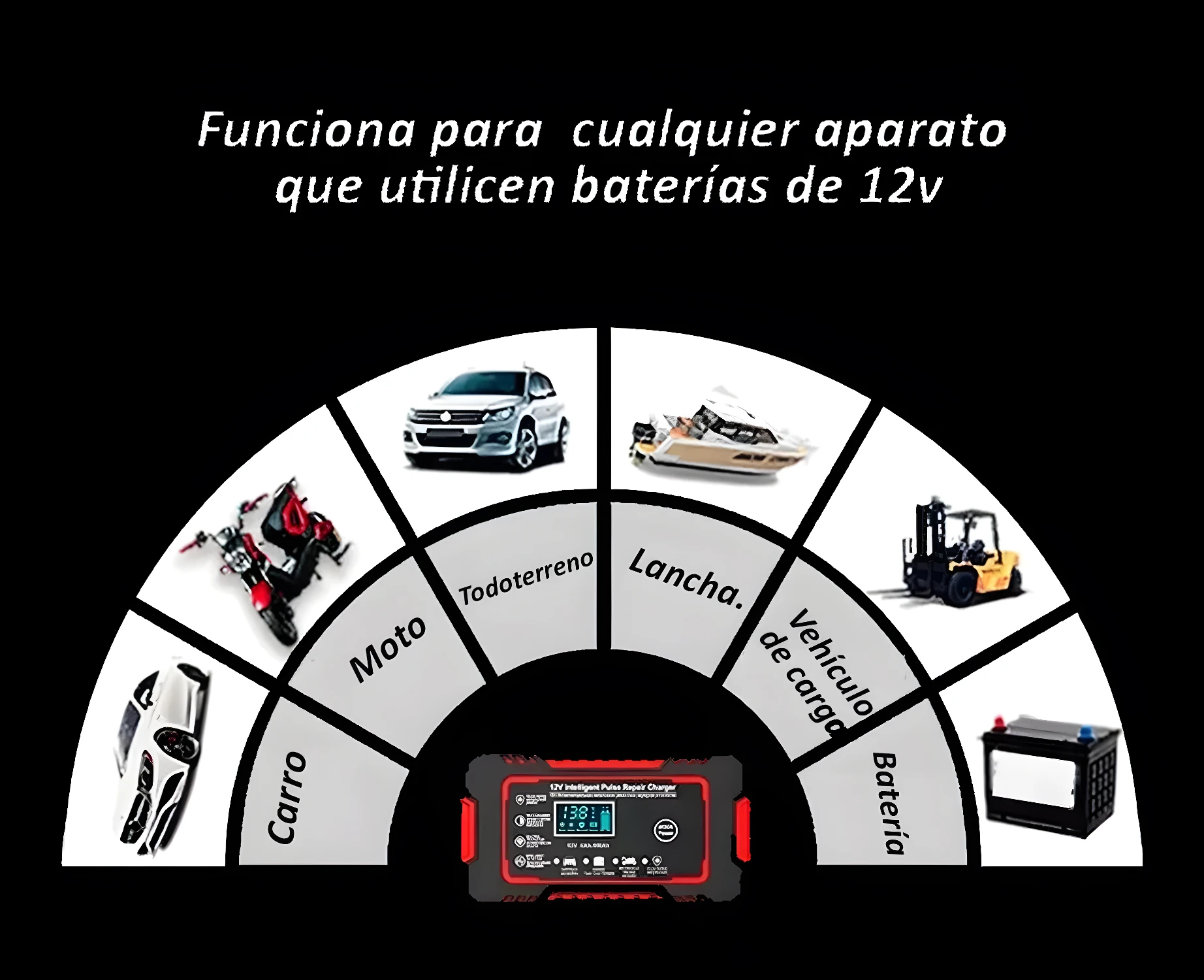 Cargador de batería de carro, moto y más, 12V, pantalla digital, para diversos vehículos.