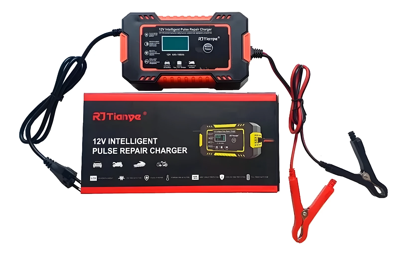 Cargador de batería 12V RJ Tianye con pantalla LCD y pinzas rojas/negras.