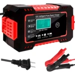 Cargador de batería 12V inteligente para carro y moto con pantalla LCD y pinzas rojas y negras.