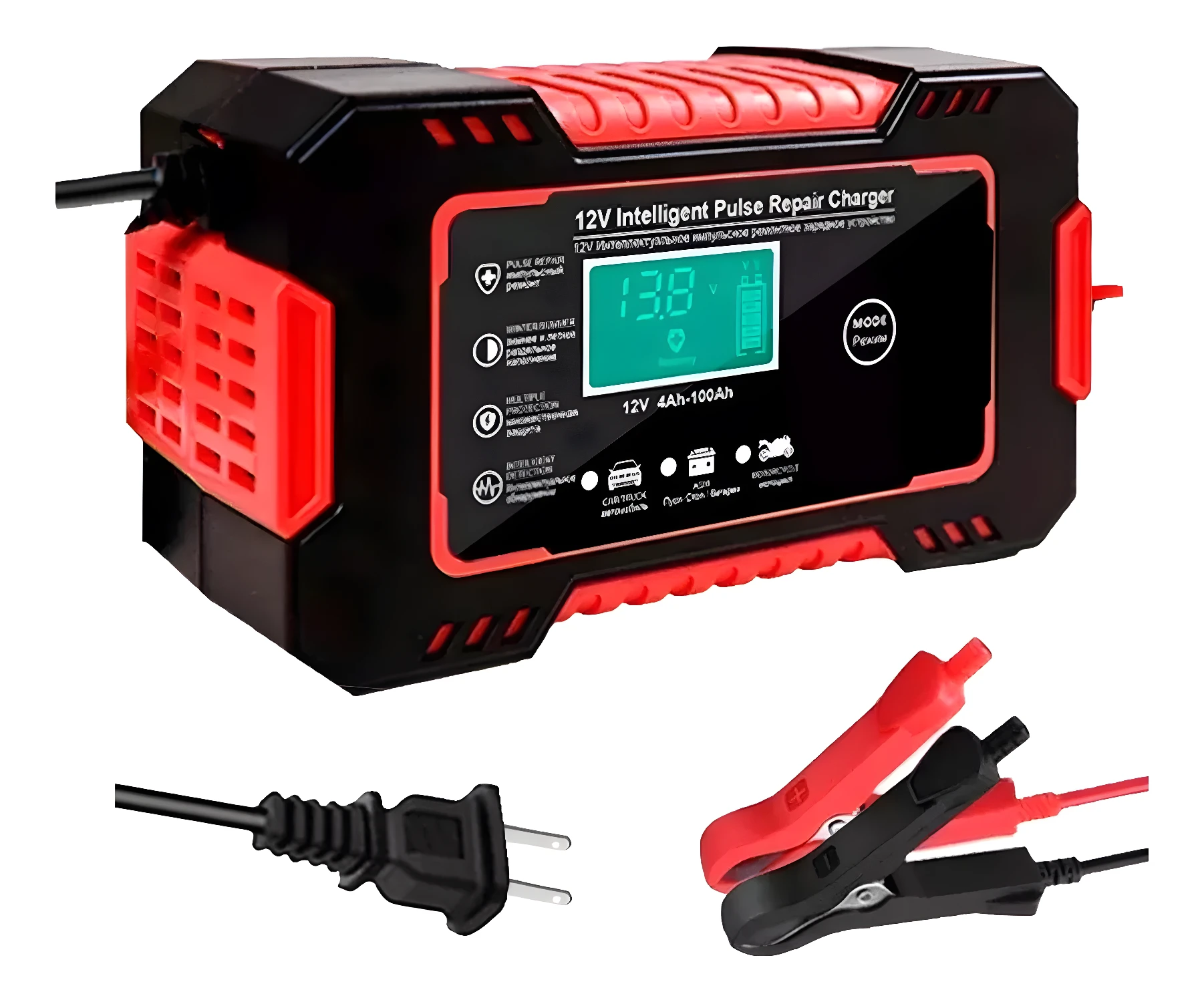 Cargador de batería 12V inteligente para carro y moto con pantalla LCD y pinzas rojas y negras.