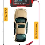Cargador de batería 12V para auto y moto con pantalla digital, pinzas rojas y cable de 78 cm.