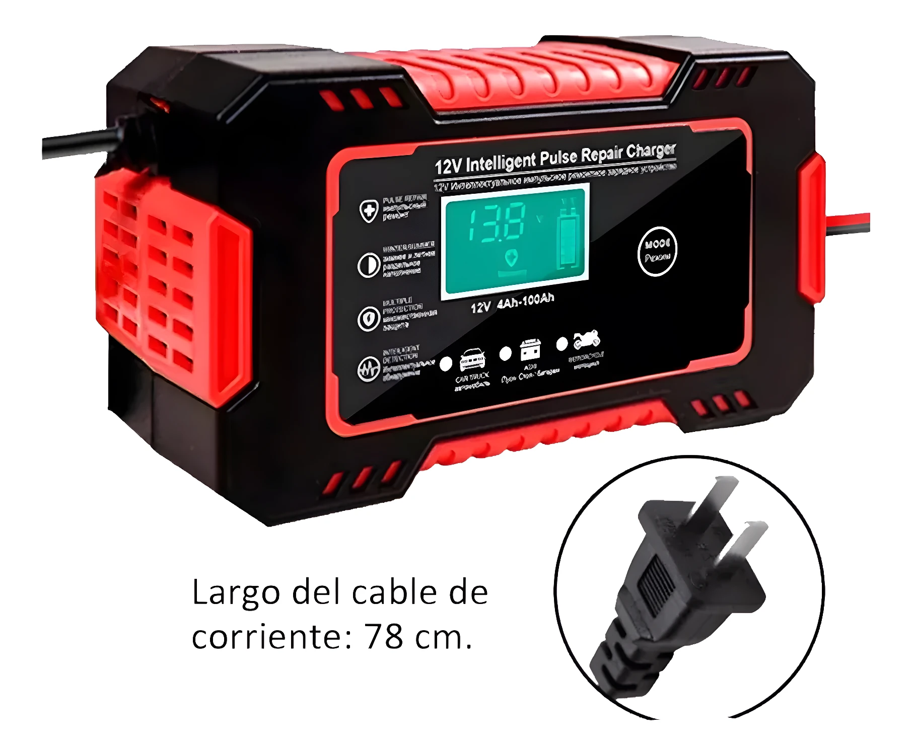 Cargador de batería de carro y moto 12V inteligente con pantalla digital y diagnóstico.