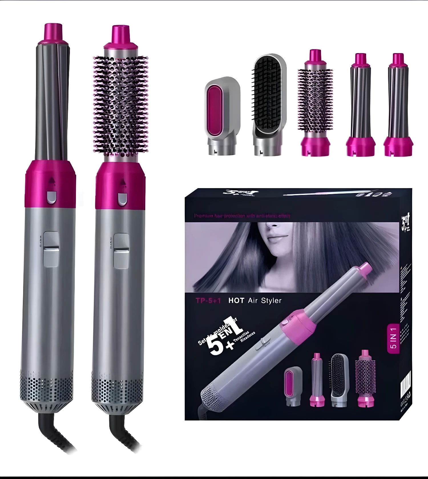 Cepillo alisador eléctrico 5 en 1 con múltiples accesorios para peinar y dar volumen al cabello.