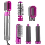 Cepillo alisador eléctrico 5 en 1 con accesorios de peinado y secado, color gris y fucsia.
