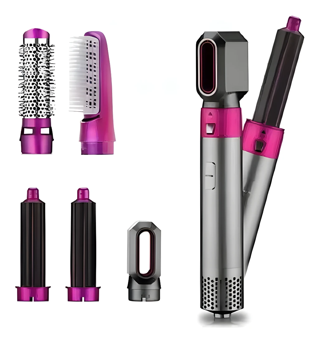 Cepillo alisador eléctrico 5 en 1 con accesorios para estilizar cabello.