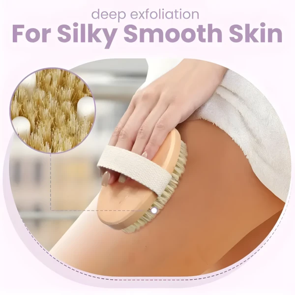 Cepillo exfoliante corporal de cerdas naturales para piel sedosa y suave.