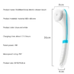 Cepillo de baño eléctrico recargable, ABS y silicona, 36cm de largo, azul y blanco.