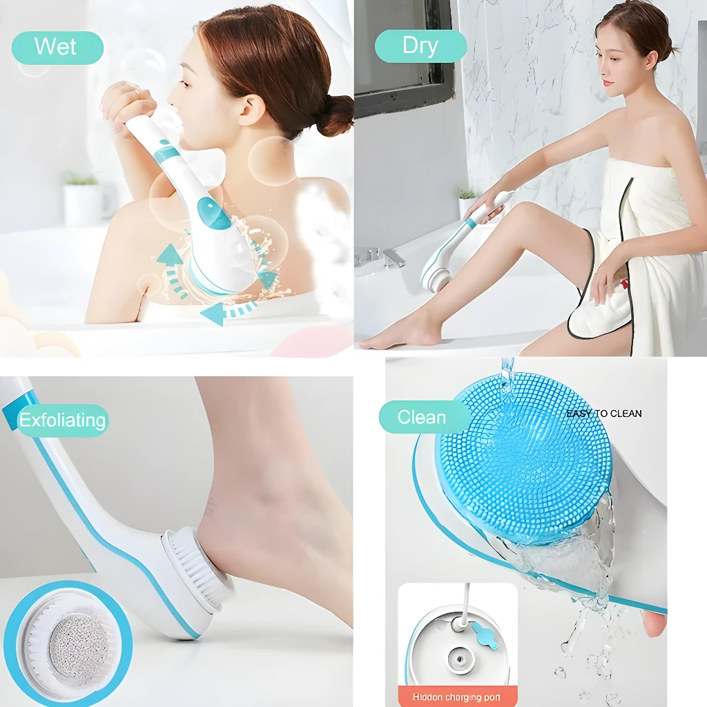 Cepillo de baño eléctrico para ducha, limpieza corporal con exfoliación y carga oculta.