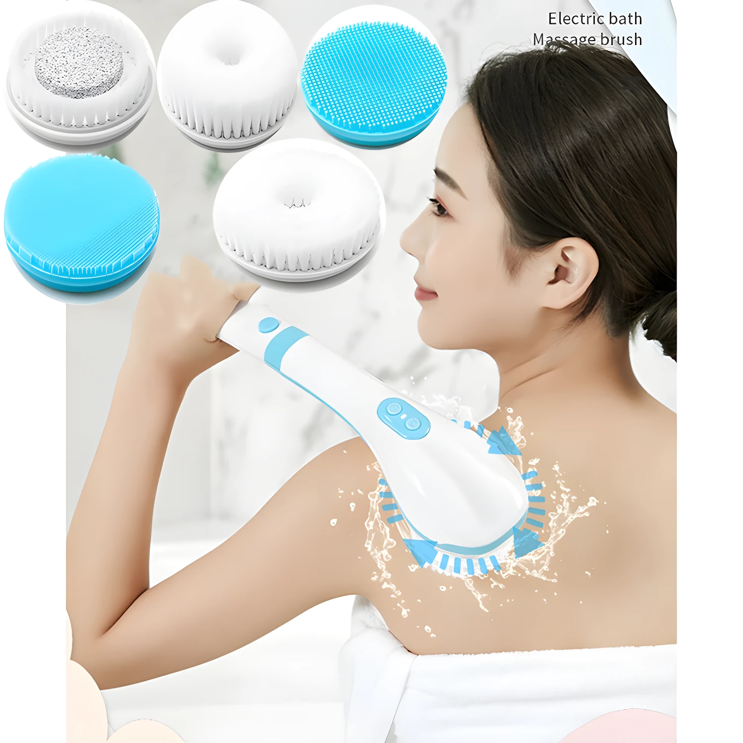 Cepillo de baño eléctrico con cabezales intercambiables: masajea y limpia la espalda.