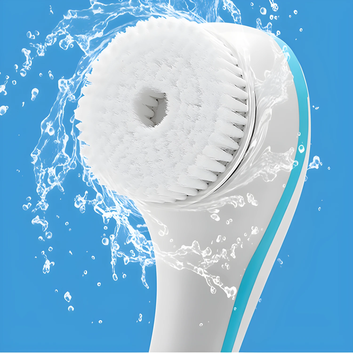 Cepillo de baño eléctrico blanco con cerdas suaves recibiendo un chorro de agua refrescante.