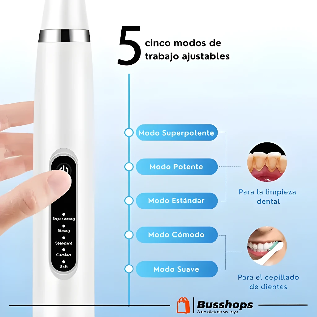 Cepillo eléctrico dental quita sarro con 5 modos: Superpotente, Potente, Estándar, Cómodo y Suave para limpieza y cepillado.
