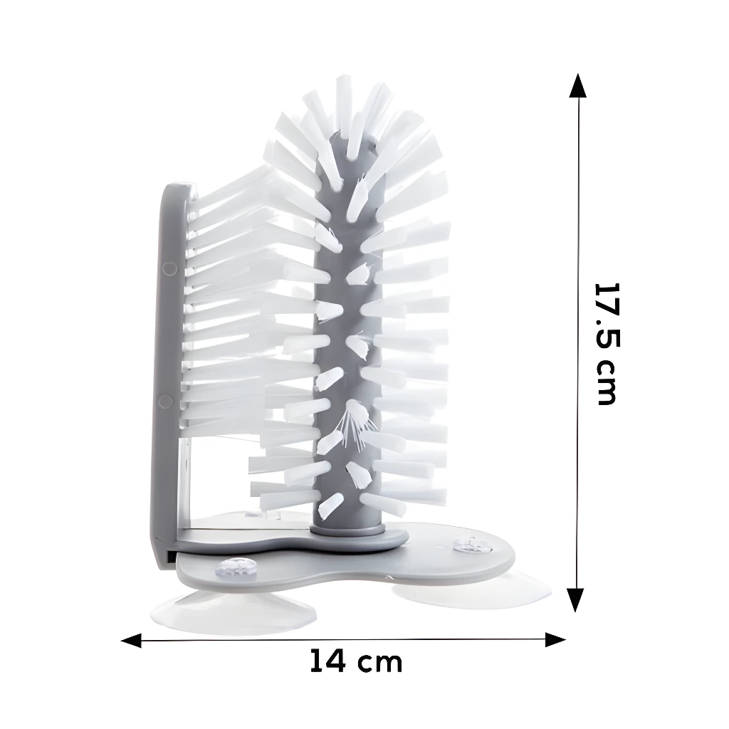 Cepillo limpiador de vasos gris con cerdas blancas, ideal para copas y botellas, con base de ventosas.