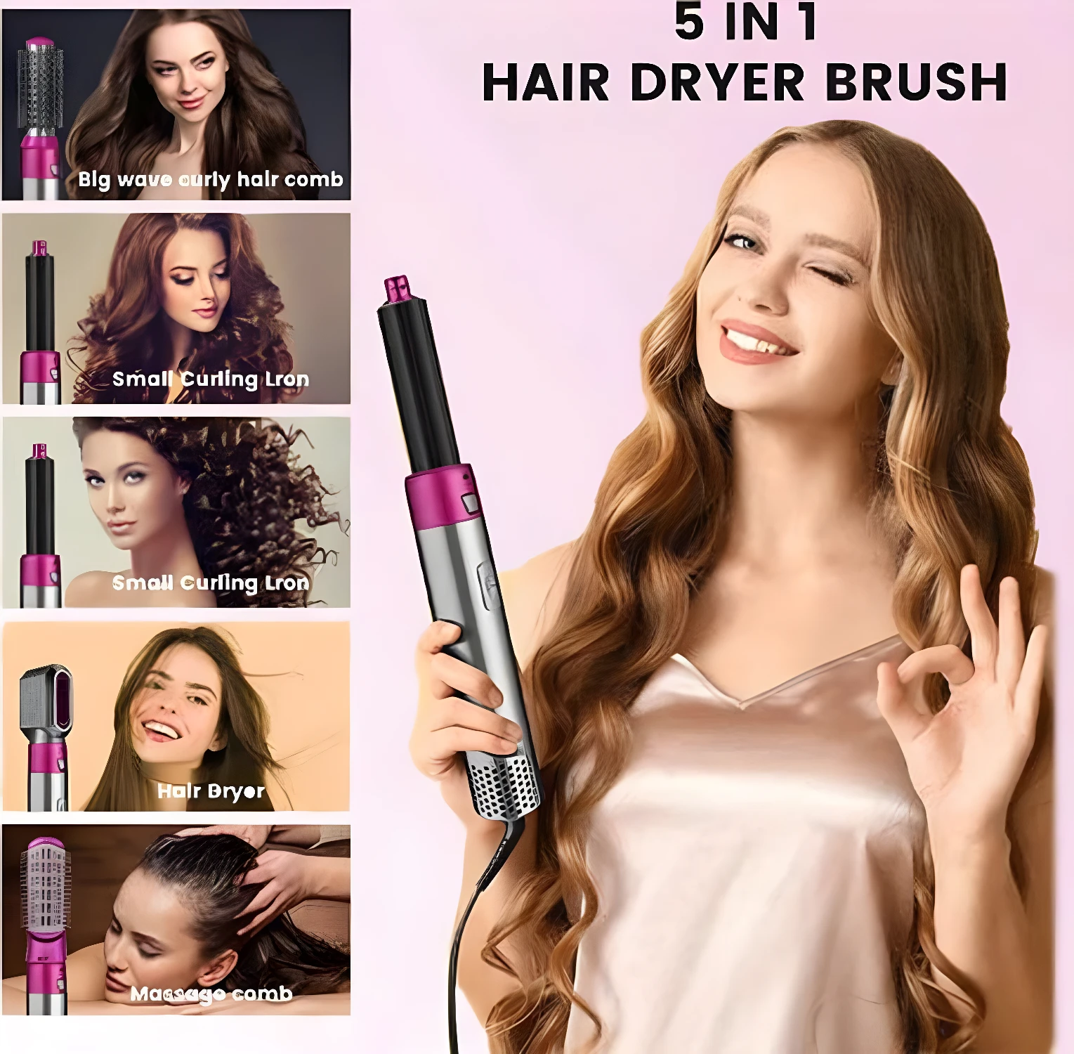 Cepillo rizador secador alisador 5 en 1 para peinados versátiles en cabello largo y rizado.