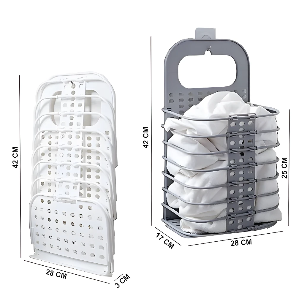 Cesta plegable multiusos gris para ropa sucia, expandible y ahorra espacio.