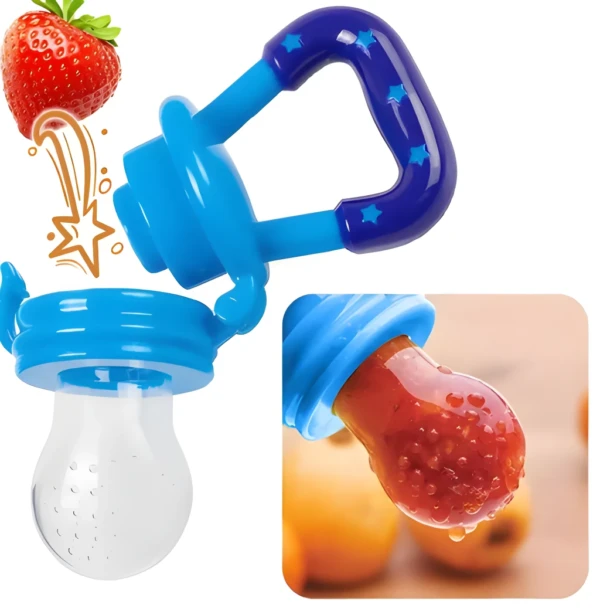 Chupo de silicona para bebé con diseño de fresa, ideal para introducir frutas de forma segura.