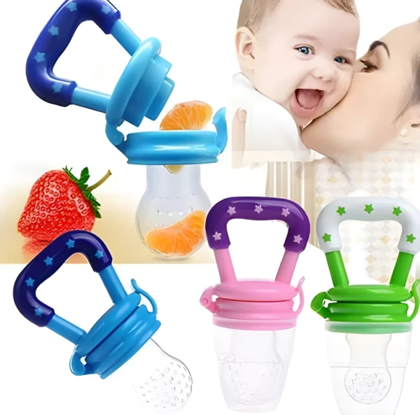 Chupo de silicona para bebé con fruta, ideal para alimentación complementaria, colores vibrantes.