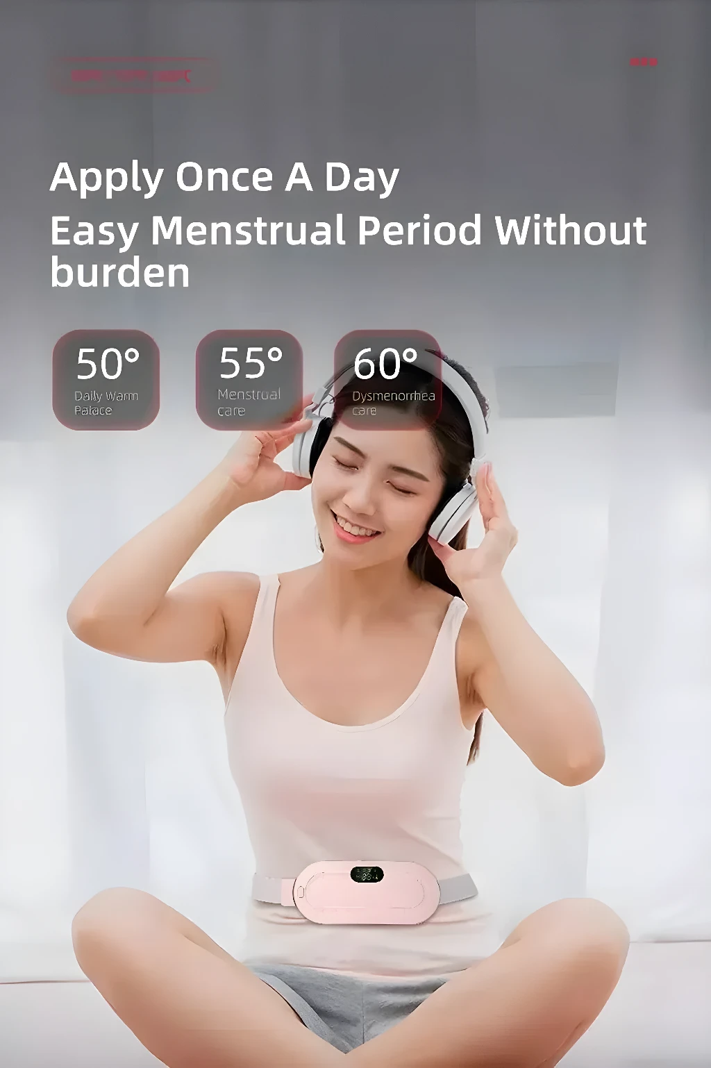 Cinturón masajeador de calor para alivio de cólicos menstruales, con tres niveles de temperatura.