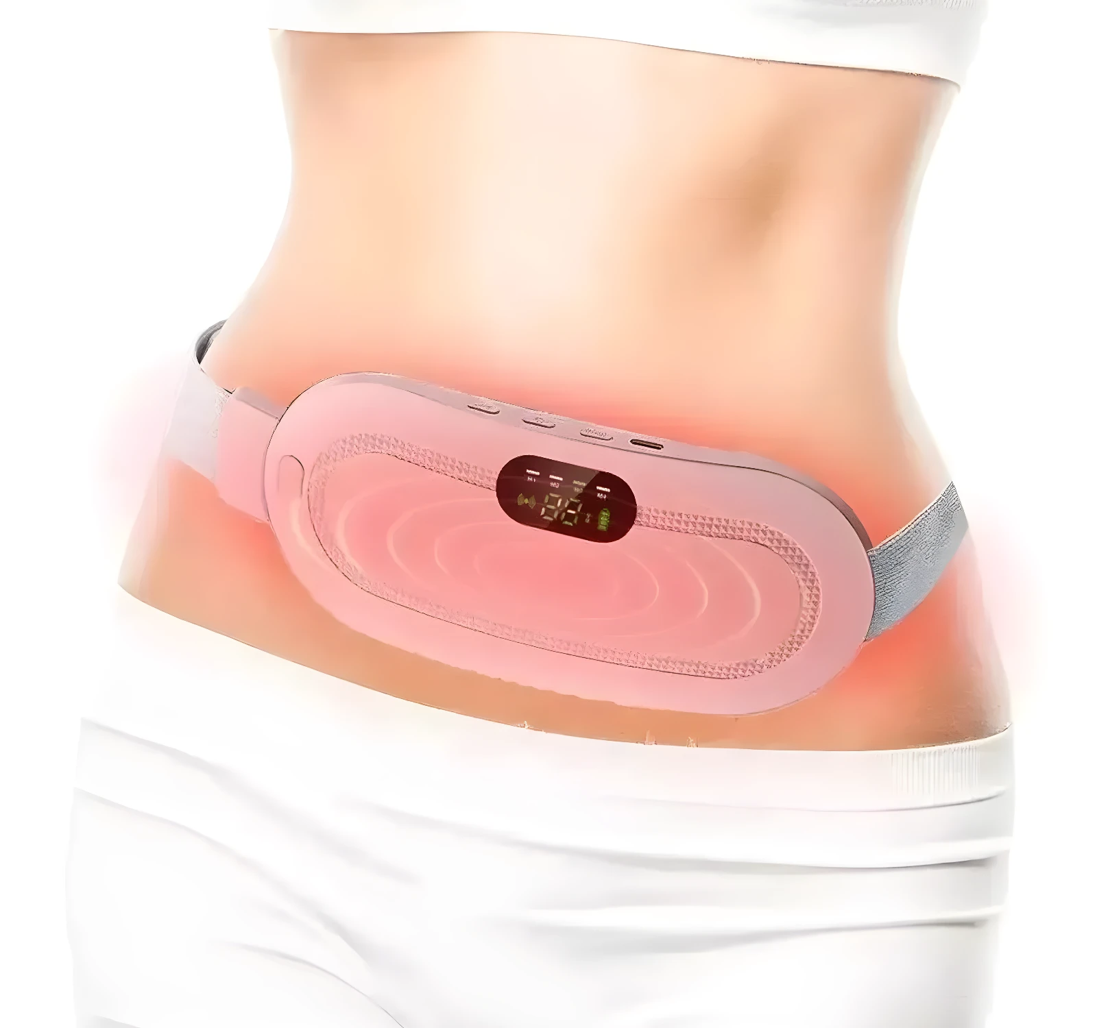 Cinturón masajeador de calor para cólicos, alivia dolor menstrual con vibración y calor.