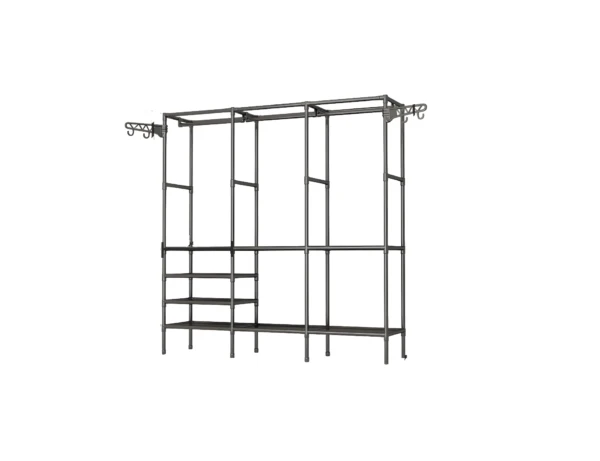Closet Armario triple organizador de ropa con múltiples estantes y barras para colgar.