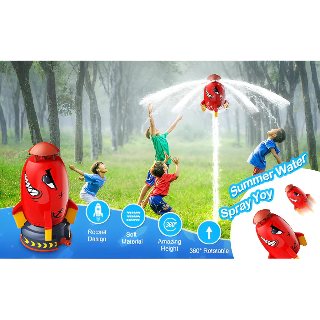 Cohete aspersor de agua para niños jugando en el exterior, divertido juguete de verano.