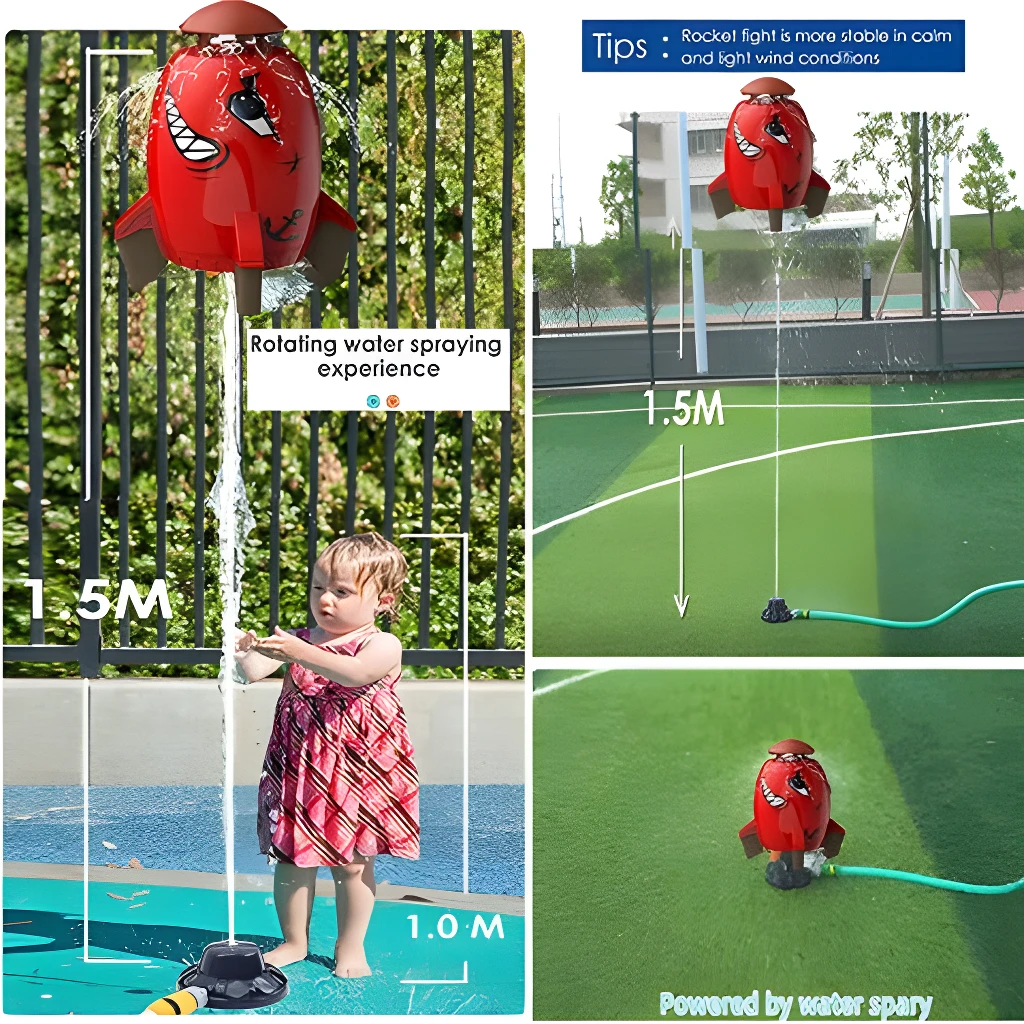 Cohete aspersor de agua para niños, con diseño divertido, que rocía girando a 1.5M.