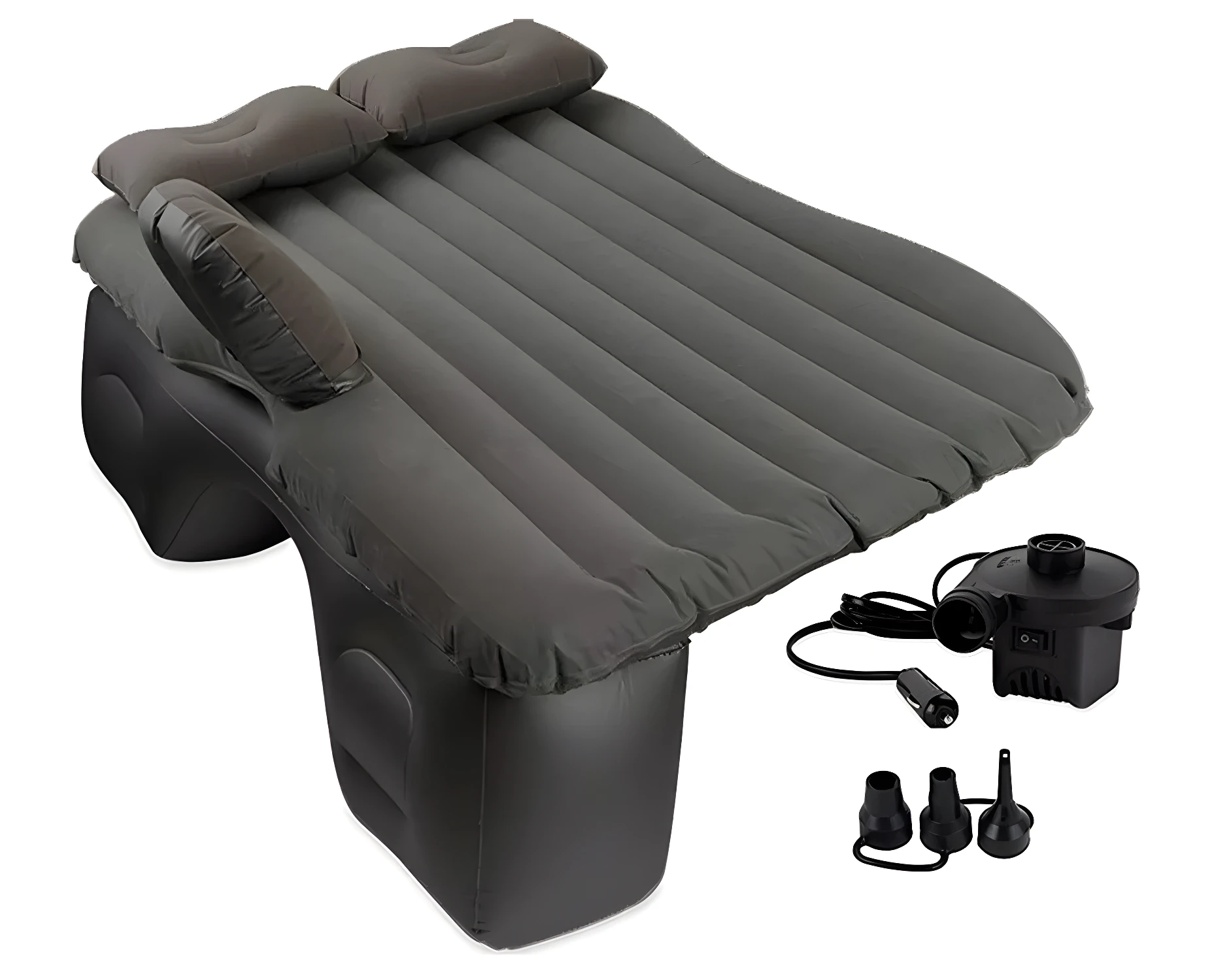 Colchón inflable de viaje para automóvil con inflador y adaptadores.