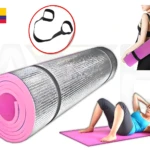 Colchoneta Thermolon Mat para Yoga Lavef: diseño plateado, rosa, con correa y mujer haciendo ejercicio.