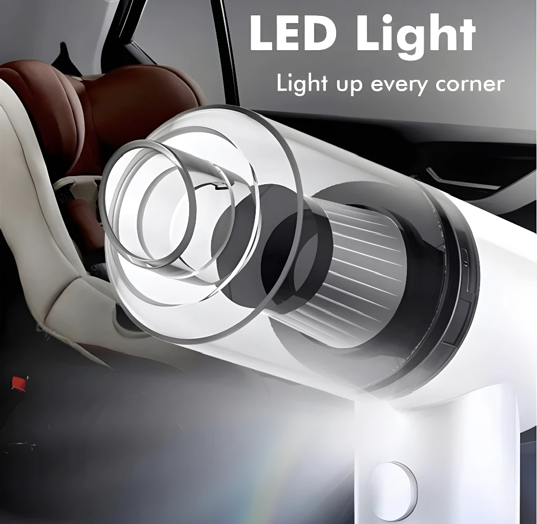 Combo Hidro 2Bat sin estuche con aspiradora portátil y luz LED en interior de coche.