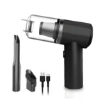 Aspiradora portátil negra con accesorios y cables de carga, para limpieza de autos.