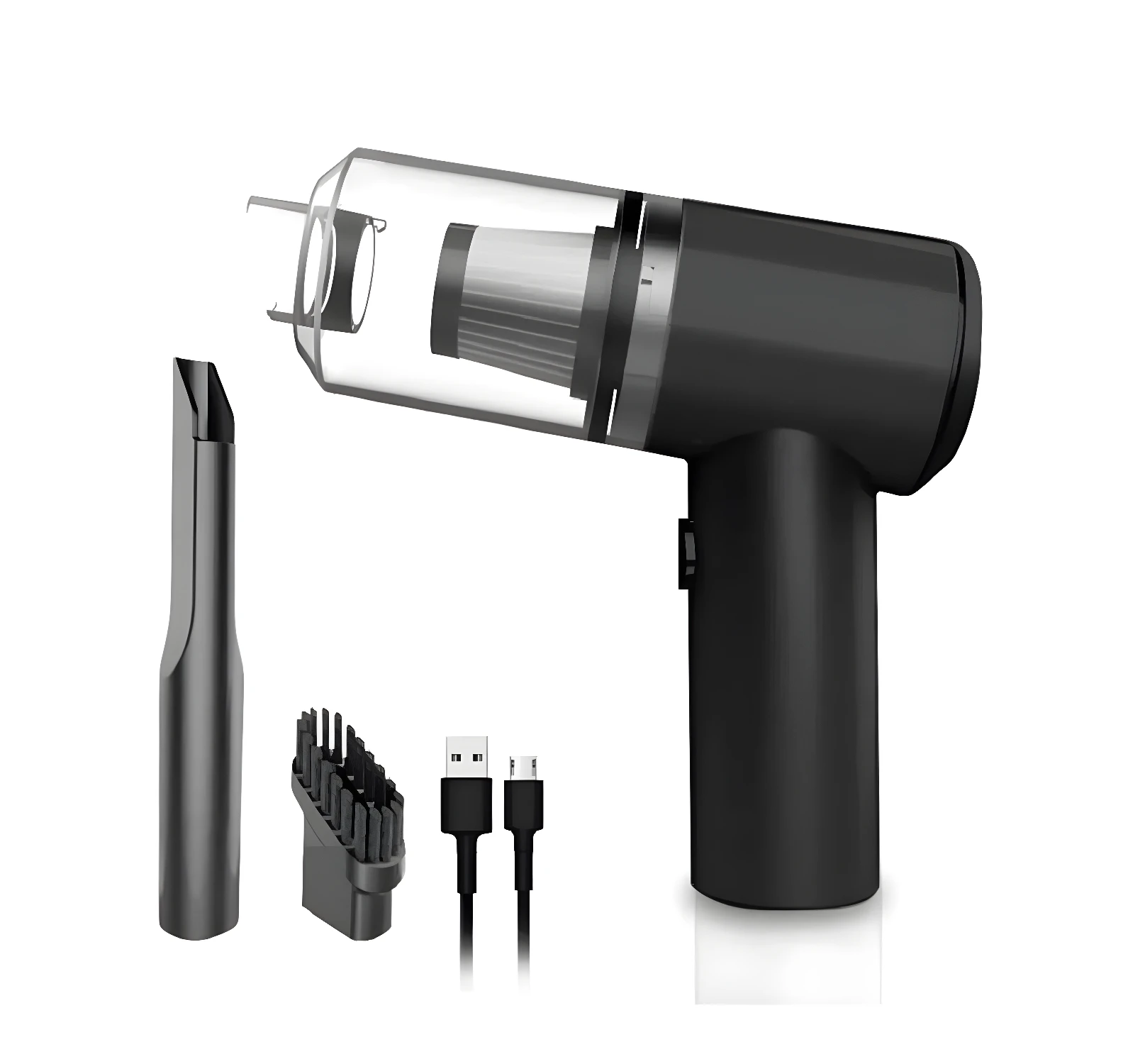 Aspiradora portátil negra con accesorios y cables de carga, para limpieza de autos.