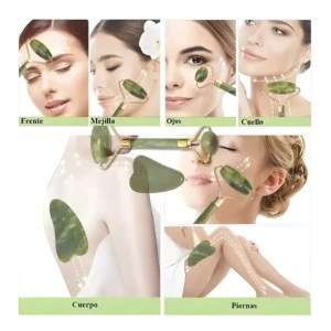Combo rodillo jade y gua sha para rostro, cuello, cuerpo y piernas, uso facial y corporal.